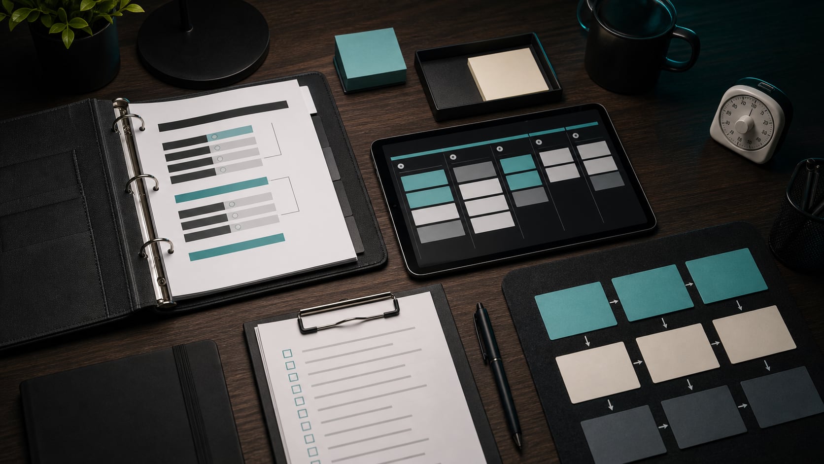 An organized operations desk with checklists, a process binder, task cards, and a tablet dashboard