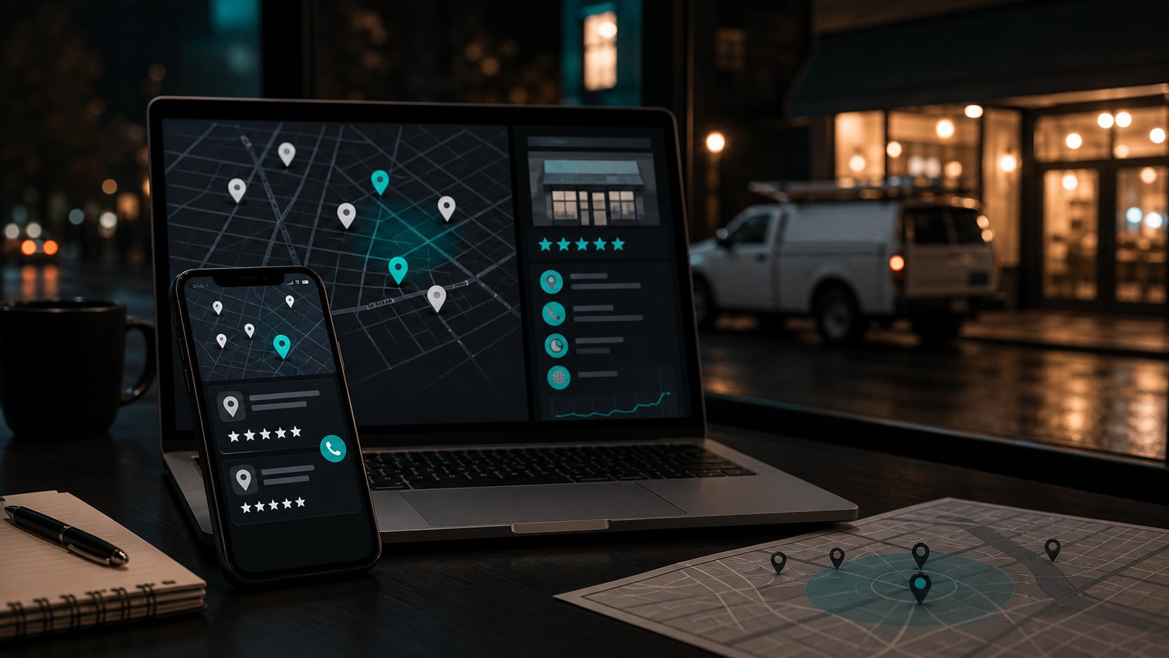 A phone and laptop showing abstract local map pins, review stars, call icons, and service-area signals