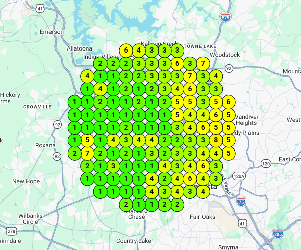 After: 1–3 across much of the map. Local search heat map in Northwest metro Atlanta.