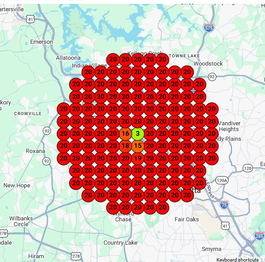 Before: 20 at most scan points. Local search heat map in Northwest metro Atlanta.