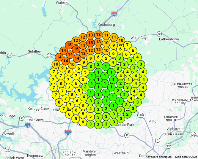 After: Many 1–3 rankings near the center. Local search heat map in North metro Atlanta.