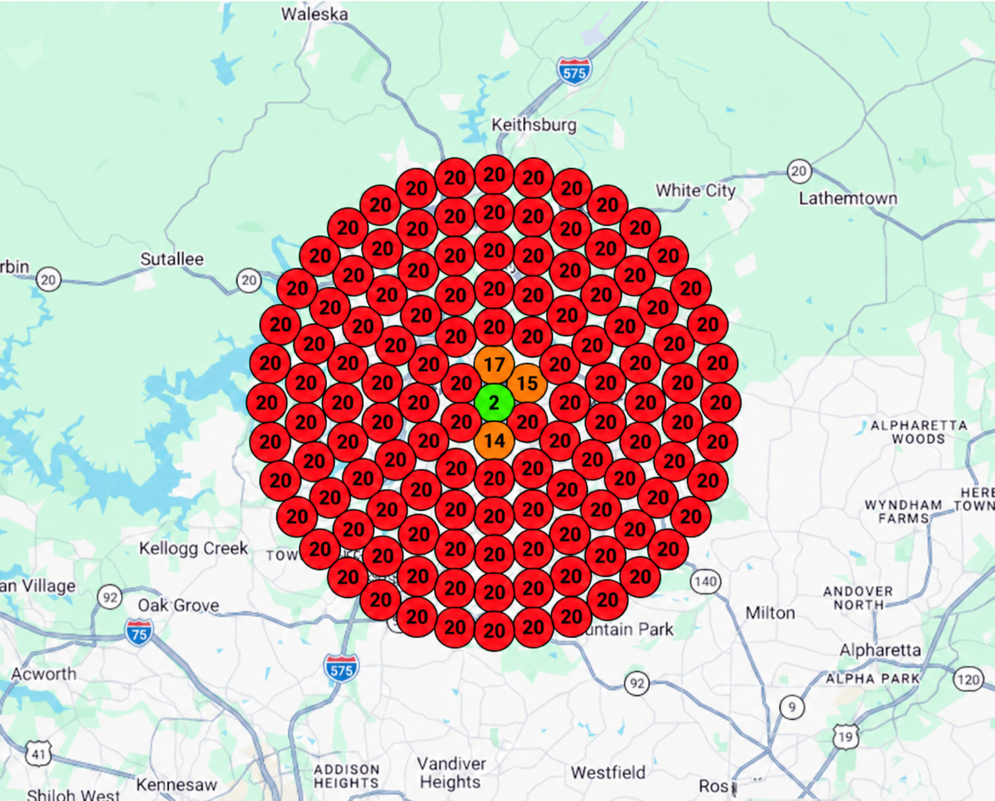 Roofing before map visualization with predominantly red markers labeled 20.